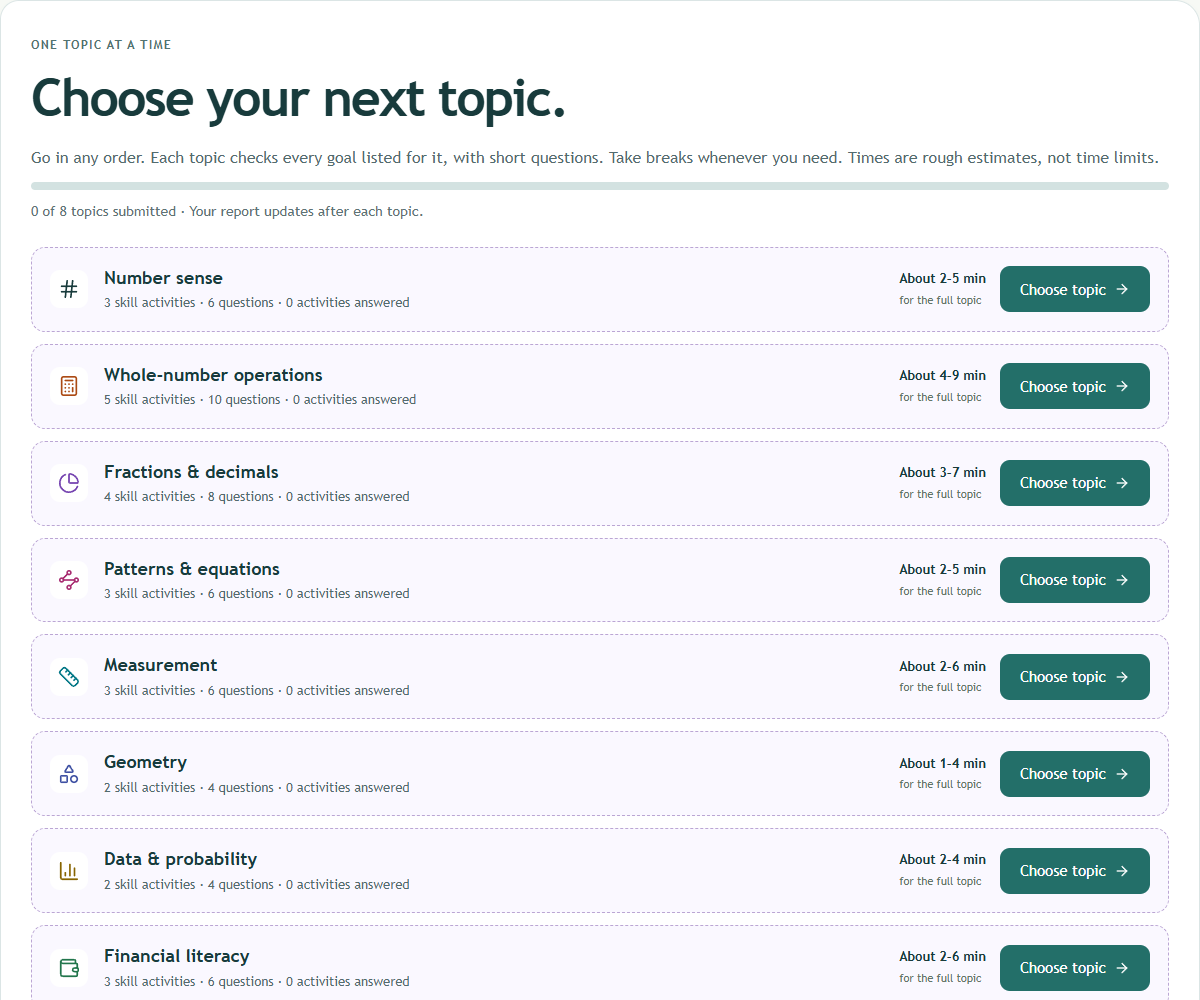 Grade 5 assessment topic chooser showing eight topics, estimated times and Choose topic buttons.
